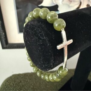 Vtg Sterling Silver 925 Cross Green Connemara Marble Stretch Bracelet Religious